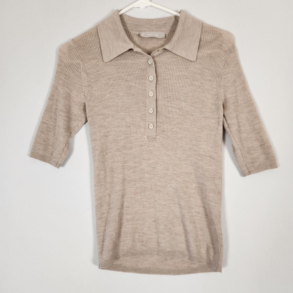 Everlane 100% Wool Short Sleeve Stretch Henley Small Brown Excellent